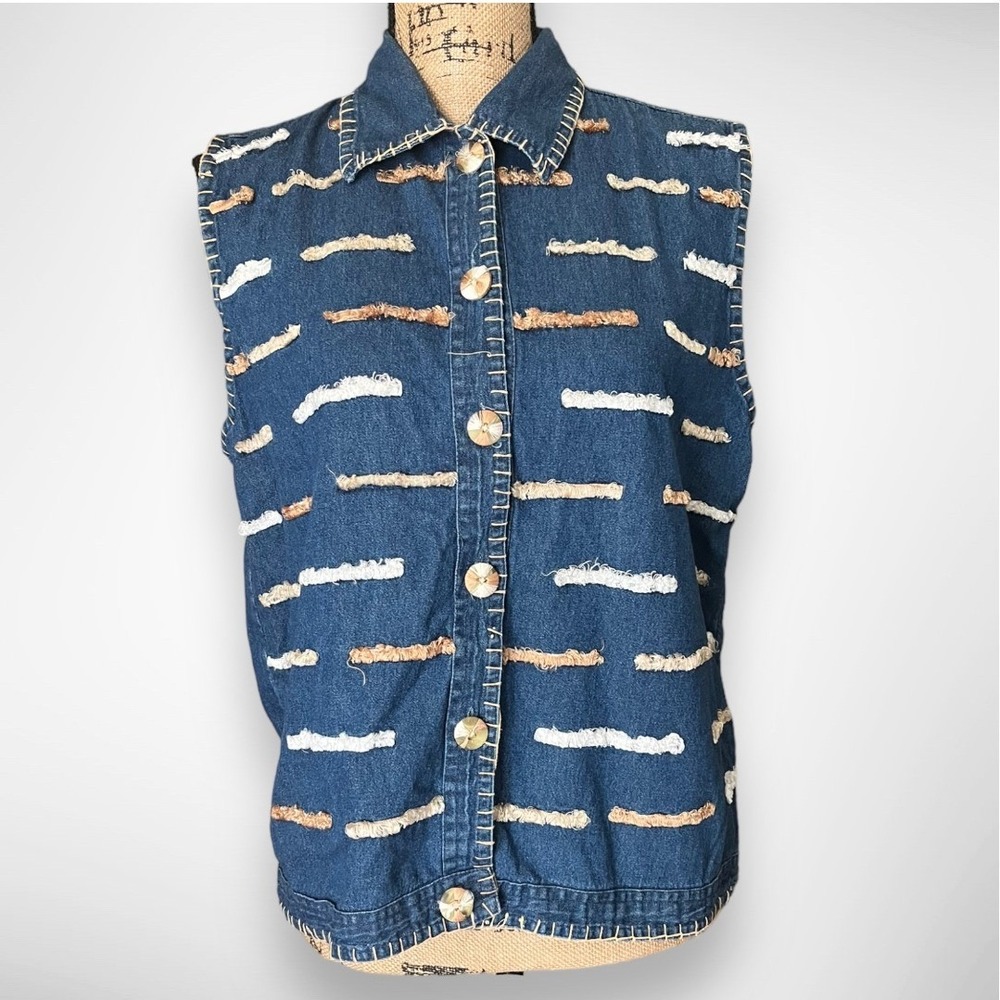 KEREN HART Vintage Women's Denim Cotton Button Down Sleeveless Vest Medium | EUC